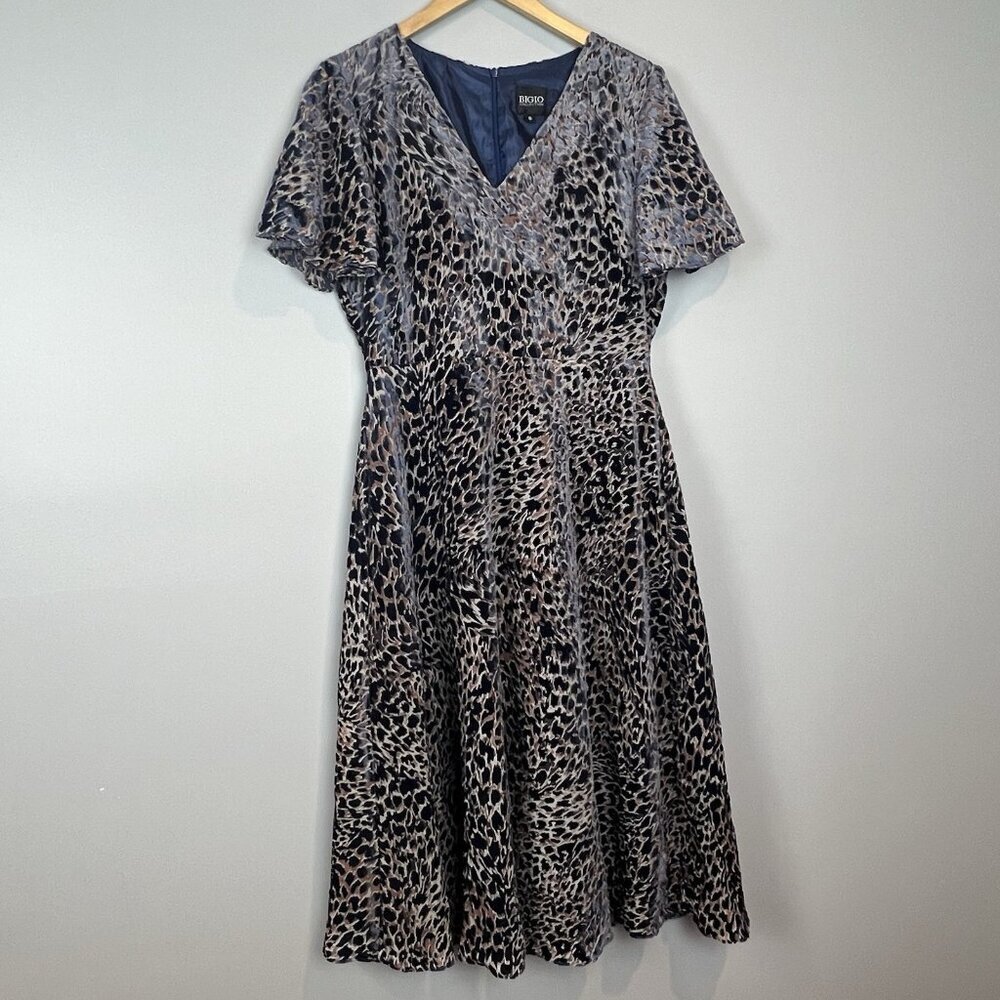 Bigio Collection‎ Blue Tan Dress Size 6 Burnout Flutter Short Sleeves Fit Flare